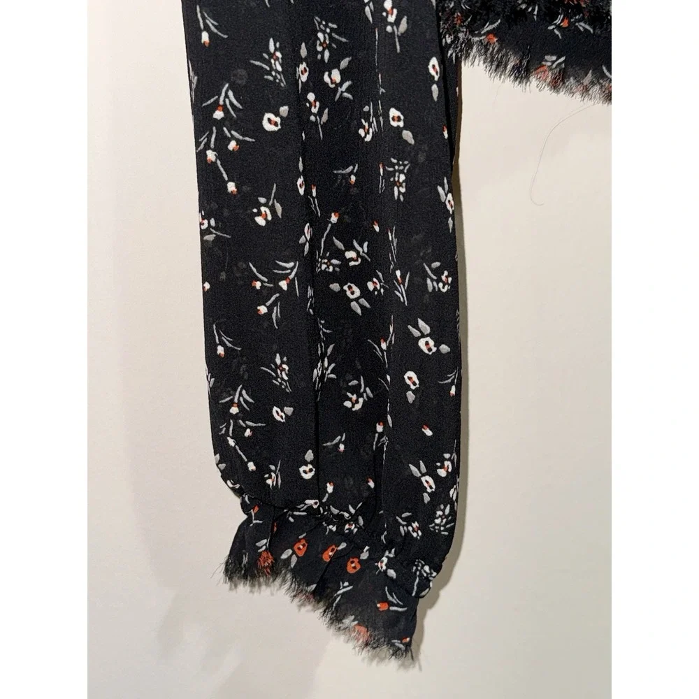 Free‎ People Lolita Floral Smocked Blouse L Black Cottage Peasant Top Semi Sheer